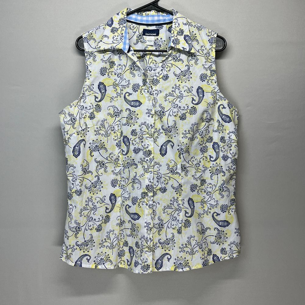Basic Editions‎ Sleeveless Paisley Floral Cotton Blend Button Down Top Women Lg